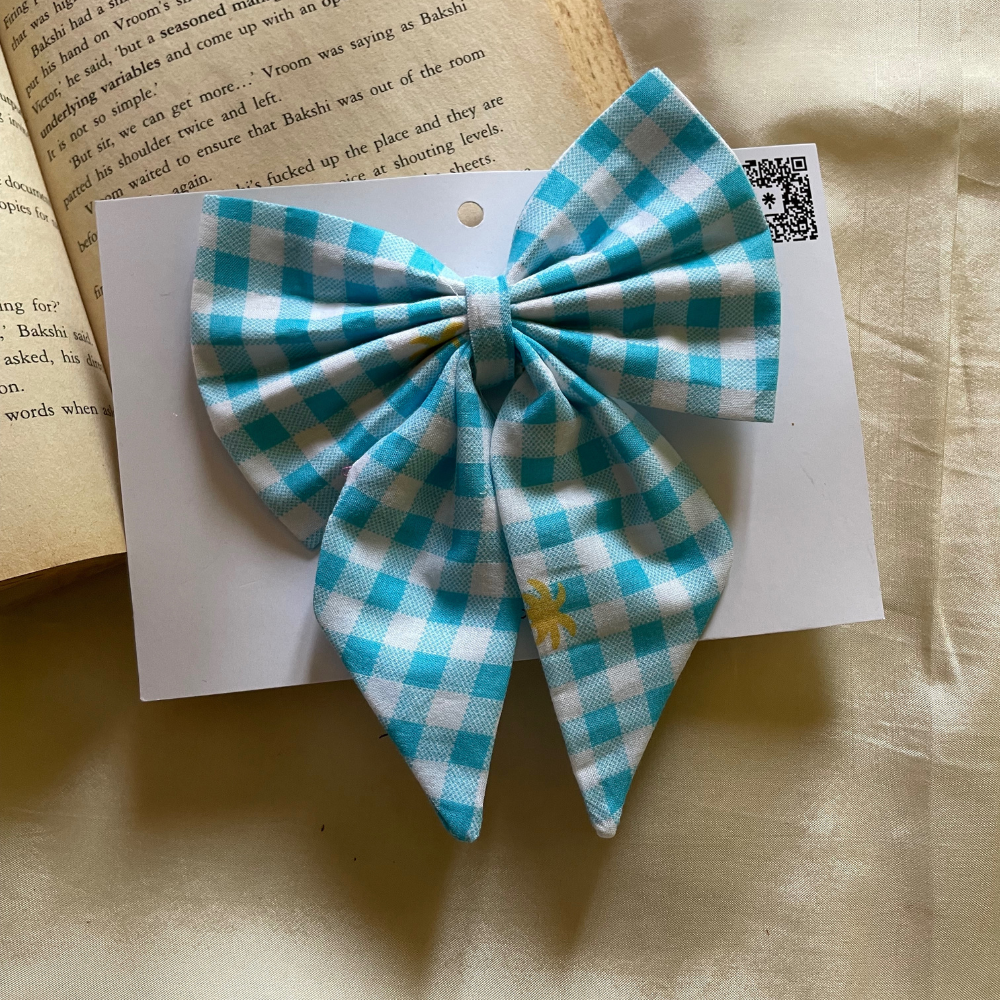 Blue checks with tiny yellow flowers - Pigtail Bow