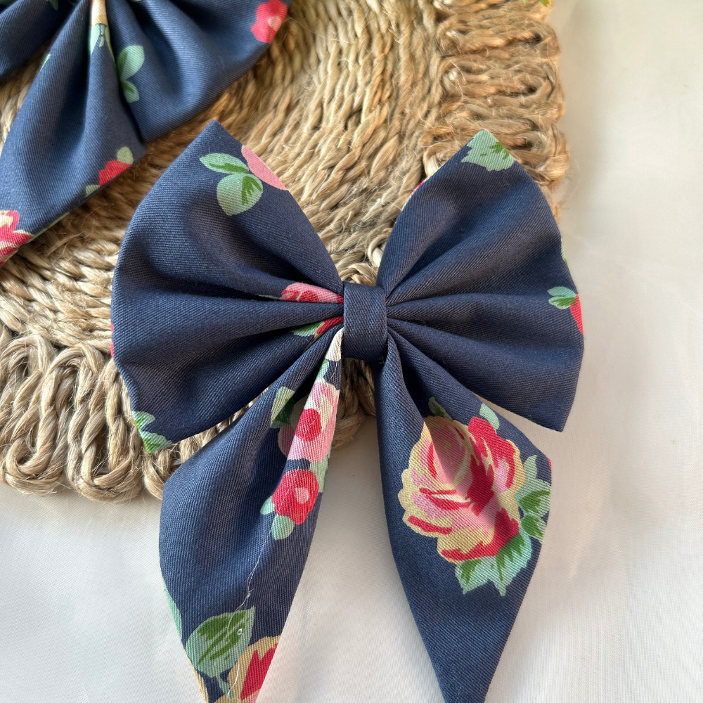 Floral Blue Pigtail Bow