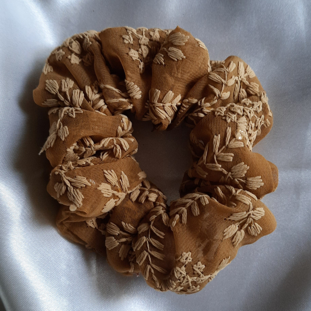 Brown Chikankaari Scrunchie