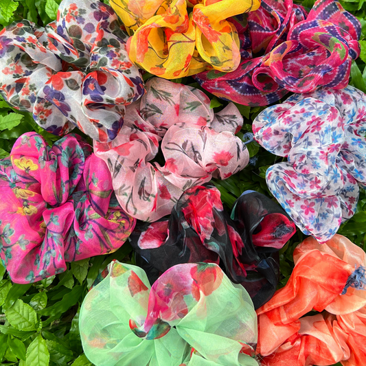 Pink and Blue Flowers Organza Scrunchie