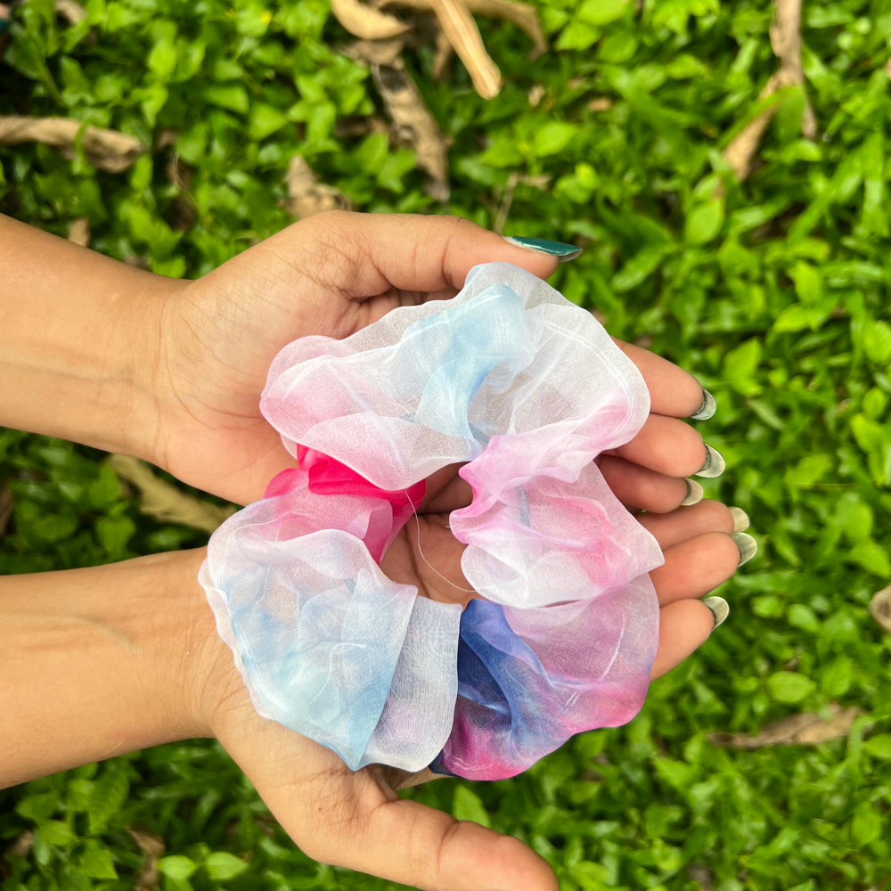 Blue Pink Tie Dye Organza Scunchie