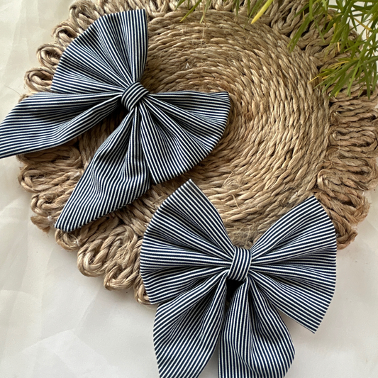 Blue and White Stripes Pigtail Bow