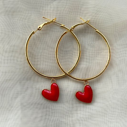 Heart Hoop Earrings - Red