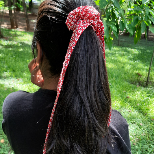 Red Floral Print Scarf Scrunchie  / Tail Scrunchie / Bowknot Scrunchie