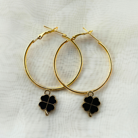 Clover Leaf Hoop Earrings - Black