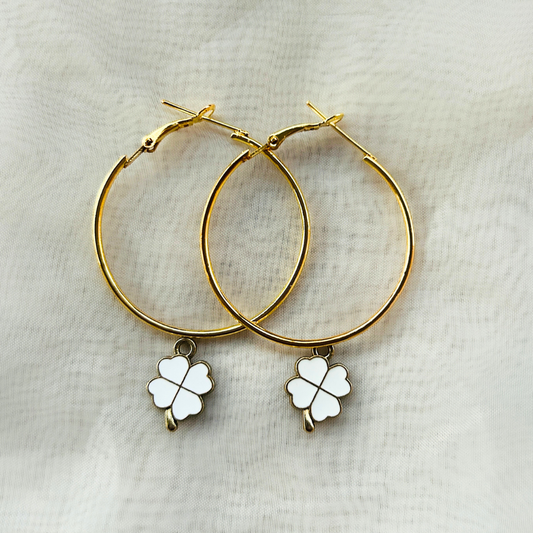 Clover Leaf Hoop Earrings - White