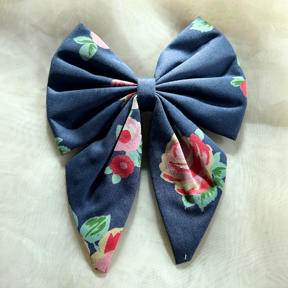 Blue Floral Prints Pigtail Bow