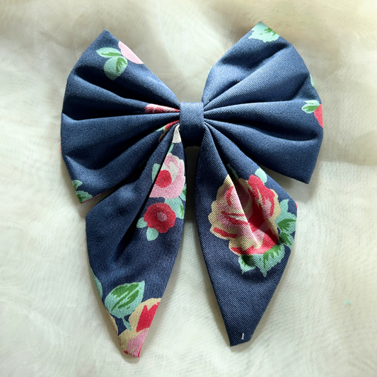 Blue Floral Prints Pigtail Bow
