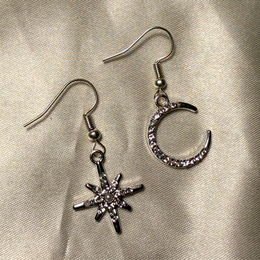 Sun and Moon Mismatched Earrings - Silver