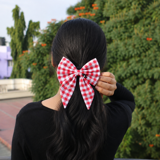 Red Checks with Tiny Flowers -  Pigtail Bow