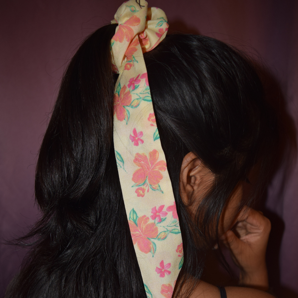 Yellow Floral Print Scarf Scrunchie  / Tail Scrunchie / Bowknot Scrunchie