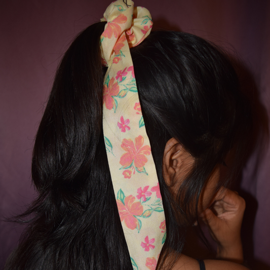 Yellow Floral Print Scarf Scrunchie  / Tail Scrunchie / Bowknot Scrunchie
