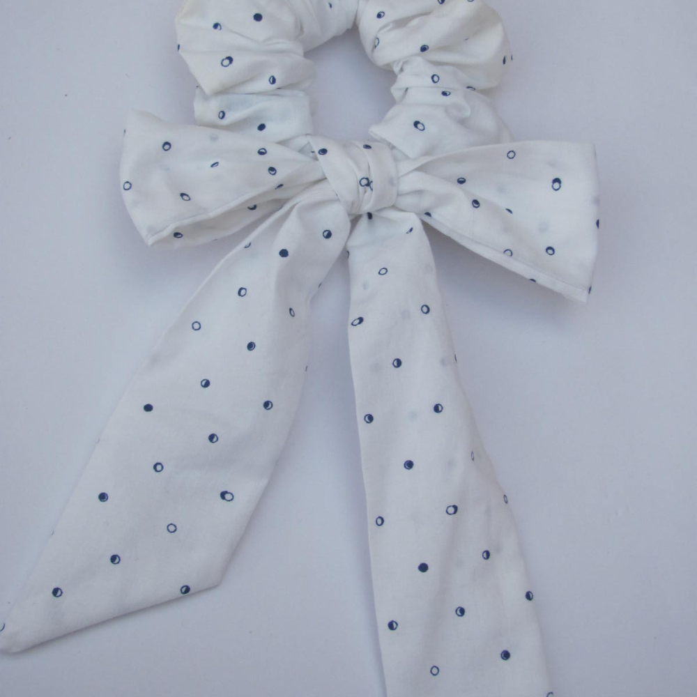 Blue Polka Dots on White Scarf Scrunchie  / Tail Scrunchie / Bowknot Scrunchie