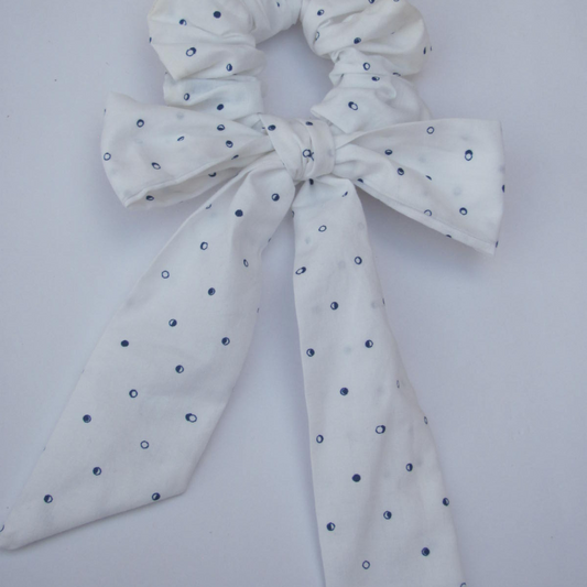 Blue Polka Dots on White Scarf Scrunchie  / Tail Scrunchie / Bowknot Scrunchie