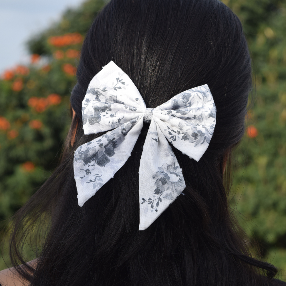 Black Floral Print -  Pigtail Bow