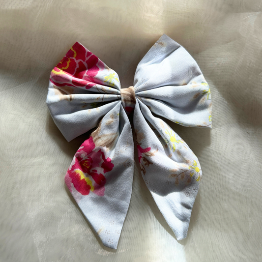 Blue Floral Prints Pigtail Bow