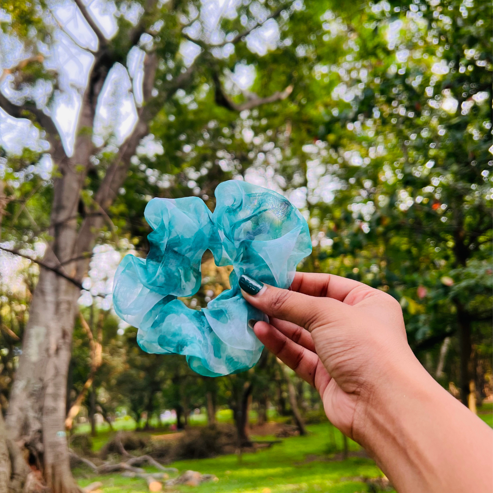 Dark Green Tie Dye Organza Scrunchie