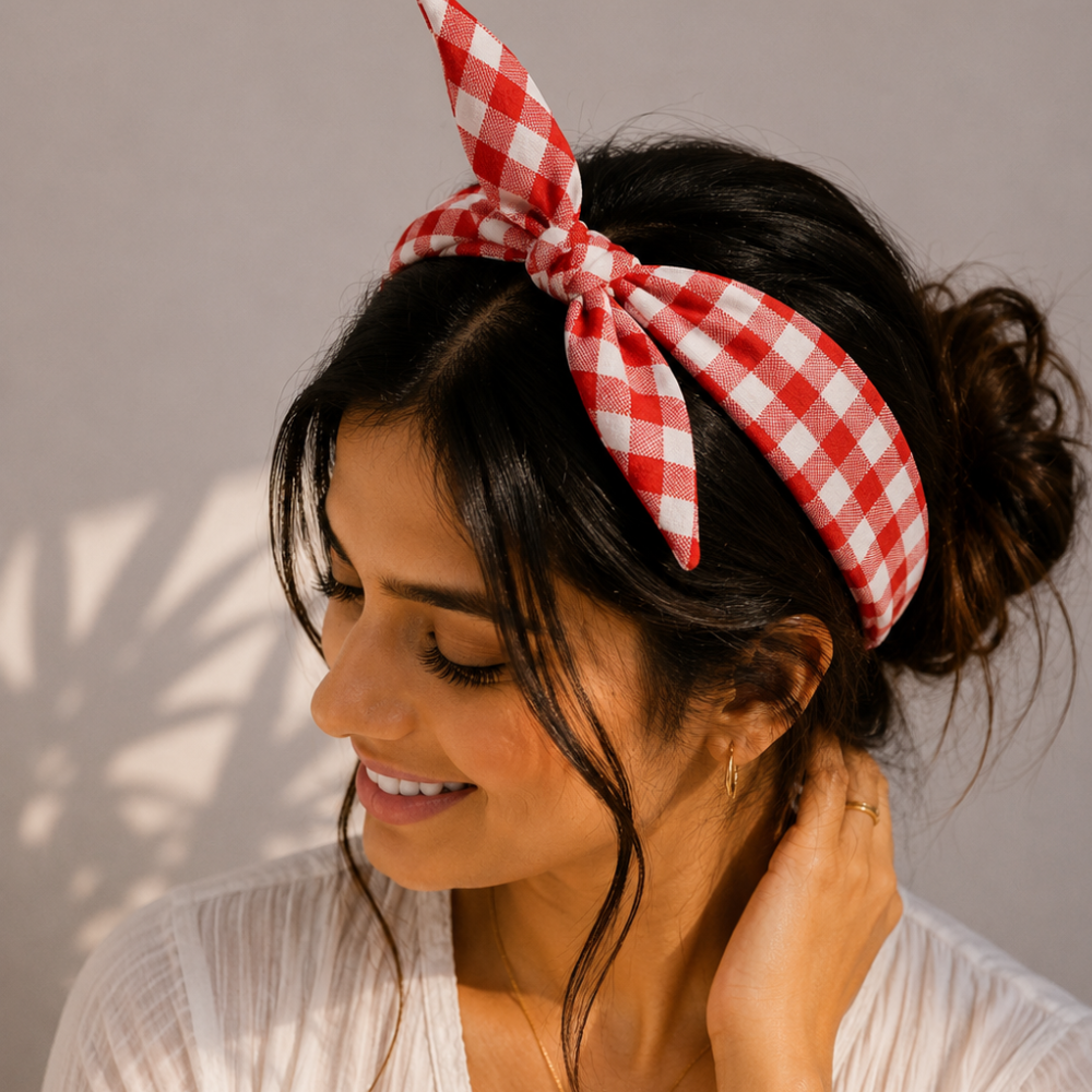 Red Checks with tiny flowers TIY Headband