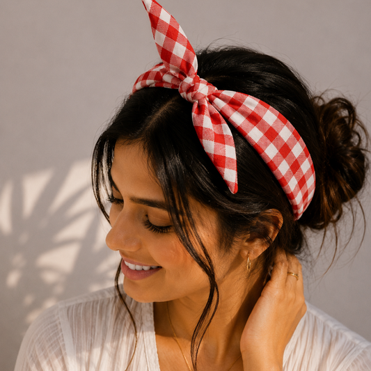 Red Checks with tiny flowers TIY Headband