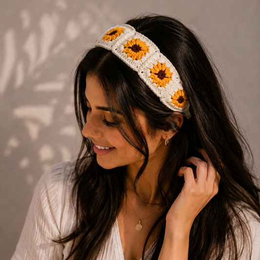 Crochet Sunflower Headband - White